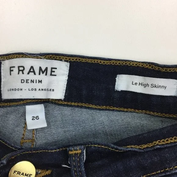 FRAME Le High Skinny Dark Wash Wythe Slit Hem Logo Hardware 5 Pocket Jeans - Picture 2 of 9